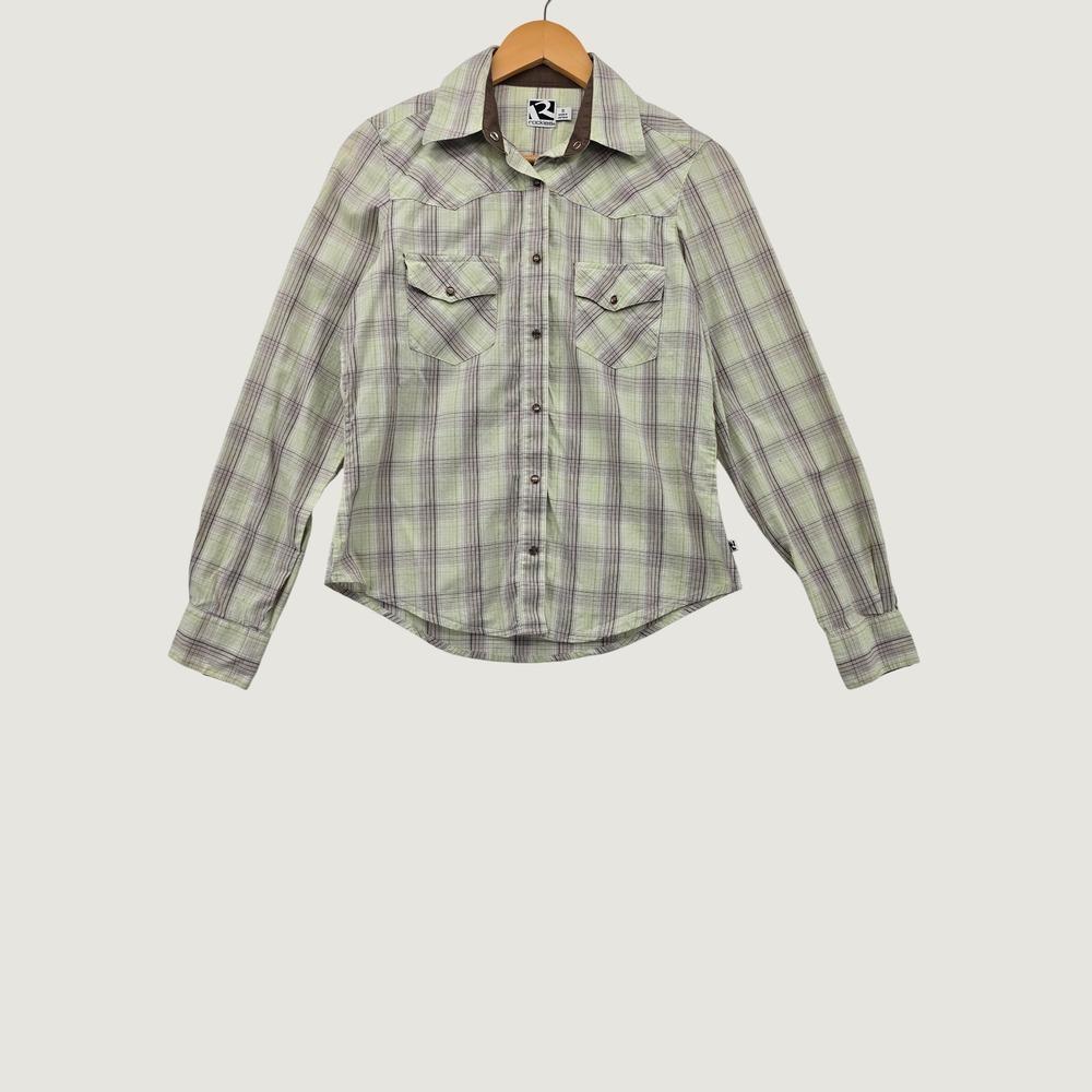 Rockies Western Snap Shirt Womens Small Green Plaid Long Sleeve Cotton Cowgirl